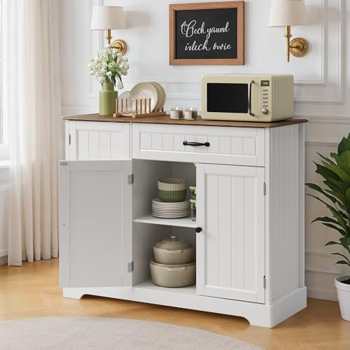 Ahomly Buffet Cabinet, Coffee Bar, Sideboard Cabinet with Internal Storage Shelf for Dining Room, Kitchen, Living Room, Kitchen and Laundry Room,White and Rustic - color: White and Rustic
