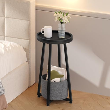 HOOBRO Small Round Side Table, 2-Tier Round Sofa End Table, Compact Nightstand with Fabric Storage Basket, for Small Space, Living Room, Bedroom, Dorm, Black and Gray BB183BZ01 - color: Black