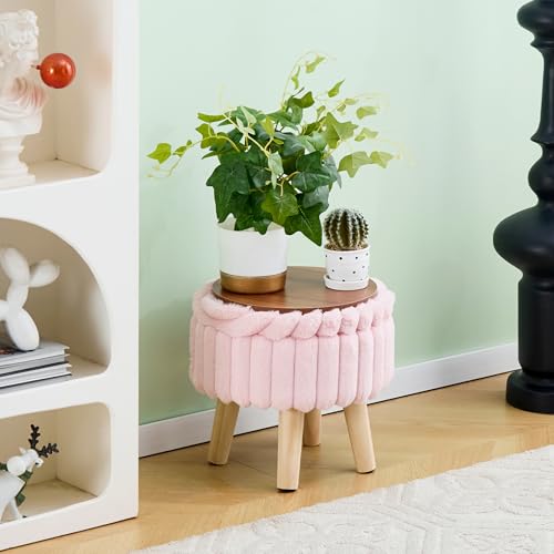 Wimarsbon Storage Ottoman, Modern Round Footrest with Soft Padded Seat, Teddy Velvet Footstool with Wood Legs, Accent Small Table or Plant Stand for Hallway, Living Room (Light Pink) - color: Light Pink