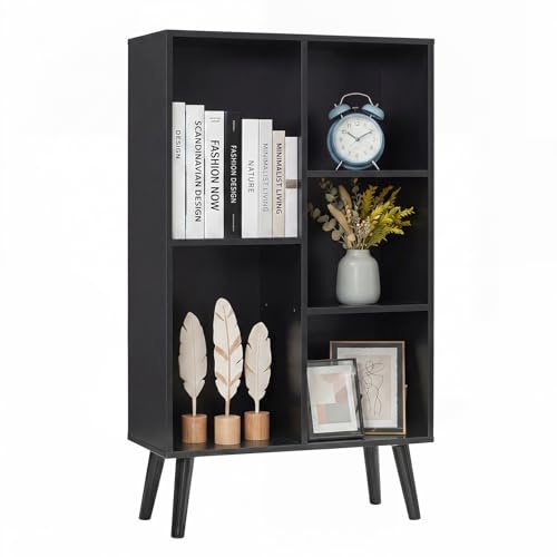 YAHARBO Small Black Narrow Bookshelf,3 Tier Modern Bookcase with Legs,Bookshelves Wood Storage Shelf,Rustic Book Shelves Cube Organizer,Display Bookcase - color: Black, size: 50CM