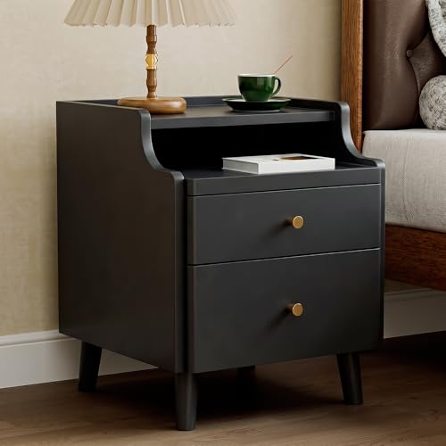 Nightstand with Drawers, Pre-Assembled, 19.7" H Natural Solid Wood Night Stand with Open Sliding Shelf, Mid Century Modern Small Bedside Table Cabinet for Bedroom, Black 16" - color: Black, size: 16"