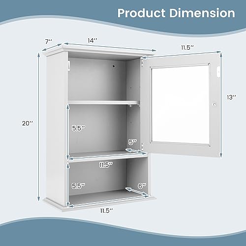 Tangkula Bathroom Cabinet, Wall Mounted Storage Organizer W/Door and Open Shelf, Hanging Medicine Cabinet, White