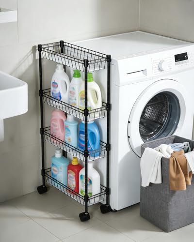 4-Tier Slim Rolling Storage Cart, 5.91" Wide Narrow Metal Utility Cart on Wheels, Multi-Functional Adjustable Shelving Unit with Anti-Fall Pads for Kitchen Gap, Bathroom, Laundry Room, Black - size: 4-tier
