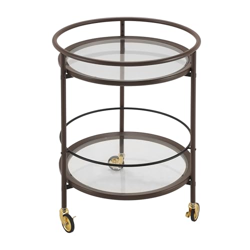 GDFStudio Modern Coffee Brown Round Bar Cart with Dual Tempered Glass Shelves, Gold Metal Accents and Lockable Casters, Rolling Beverage Serving Cart for Living Room, Dining Room or Kitchen - color: Coffee