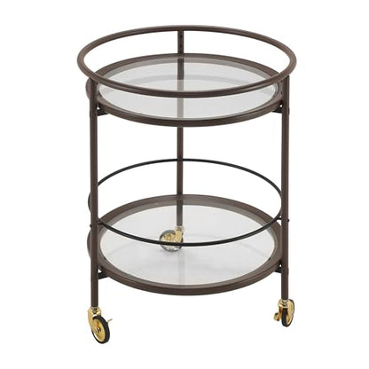 GDFStudio Modern Coffee Brown Round Bar Cart with Dual Tempered Glass Shelves, Gold Metal Accents and Lockable Casters, Rolling Beverage Serving Cart for Living Room, Dining Room or Kitchen - color: Coffee