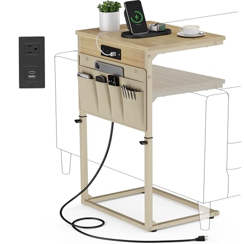 Vagusicc C-Shaped End Table with Charging Station, Small Side Table for Couch, 33" Tall C Table Adjustable Height Side Table, Couch Tables that Slide Under, Sofa Table TV Tray for Living Room, Natural - color: 1pc Natural Walnut