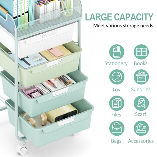 SYKIARIOL 4-Drawer Rolling Storage Cart with Mesh Top, Utility Craft Organizer Cart on Wheels with DIY Labels, Rolling Drawer Cart for Home Office Classroom Bedroom, Green - color: Green