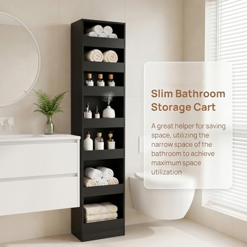 7-Tier Slim Mobile Shelving Cart with Wheels, Rolling Pantry with 7 Baskets, Narrow Pull-Out Utility Cart, Space Saving Storage Organizer Carts for Kitchen Living Room Bathroom Narrow Spaces, Black - size: Black & 7.87"D x 15.75"W x 70.75"H