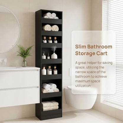7-Tier Slim Mobile Shelving Cart with Wheels, Rolling Pantry with 7 Baskets, Narrow Pull-Out Utility Cart, Space Saving Storage Organizer Carts for Kitchen Living Room Bathroom Narrow Spaces, Black - size: Black & 7.87"D x 15.75"W x 70.75"H