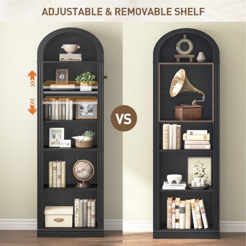 RALGEND Arched Bookshelf, 75.8" Tall Narrow Bookshelf, Arch Bookcase with Storage, 6-Tier Farmhouse Book Shelf, Wooden Arched Cabinet with Open Display Shelves, Adjustable Shelf, Black - color: Black, size: 18.9"L x 11.8"W x 75.8"H