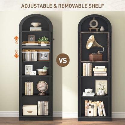 RALGEND Arched Bookshelf, 75.8" Tall Narrow Bookshelf, Arch Bookcase with Storage, 6-Tier Farmhouse Book Shelf, Wooden Arched Cabinet with Open Display Shelves, Adjustable Shelf, Black - color: Black, size: 18.9"L x 11.8"W x 75.8"H