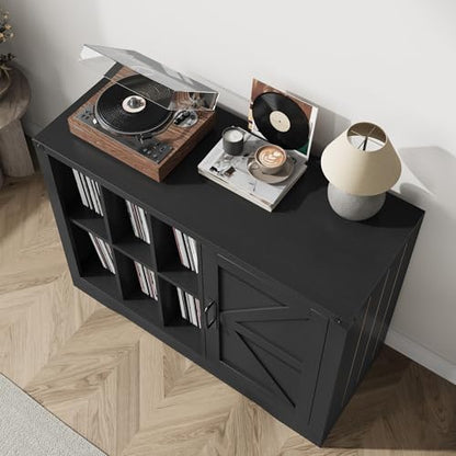Vinyl Record Player Stand with Storage, 39.4" Farmhouse Turntable Stand Cabinet with Barn Door, Holds 750+ LP Albums, Wooden Stereo Cabinet & Media Console Display Shelf for Living Room, Black