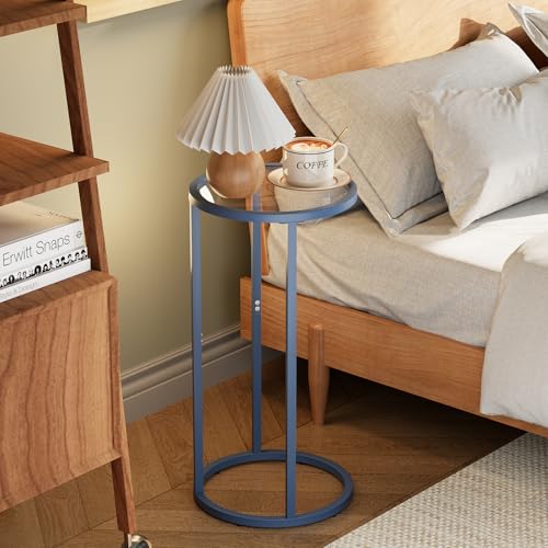 C Table Side End Table,Glass Couch Table Set of 2, Round Sofa End Table with Metal Frame, Small Snack Table for Living Room, Bedroom, Small Spaces, Easy Assembly (Blue,2pcs) - color: Blue