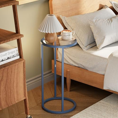 C Table Side End Table,Glass Couch Table Set of 2, Round Sofa End Table with Metal Frame, Small Snack Table for Living Room, Bedroom, Small Spaces, Easy Assembly (Blue,2pcs) - color: Blue