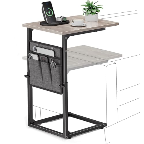 C-Shaped End Table, Small Side Table for Couch, Sofa Table Adjustable Height End Tables Living Room, Bedside Slide Under Couch Table for Sofa, TV Tray Table with Metal Frame for Bedroom, Grey - color: Greige, style: With Storage Pocket