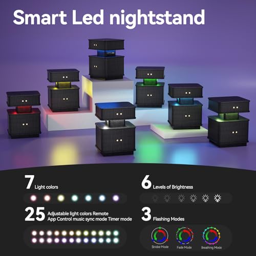 Black Nightstand with Charging Station and LED Light, Fluted Bedside Table with 1 Drawer and Storage Cabinet, Modern Ribbed End Table with USB Ports & Outlets for Bedroom, Living Room - color: Black