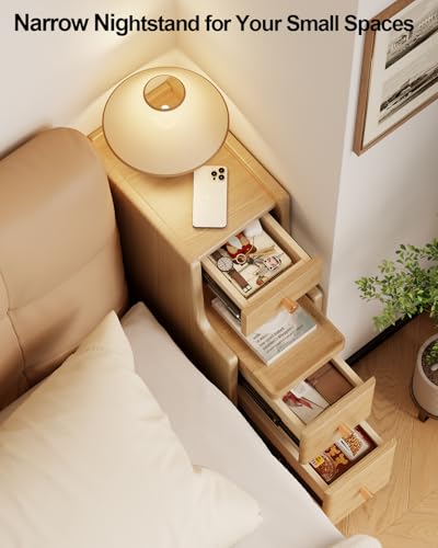 Solid Wood Narrow Nightstand with 3 Drawers,Modern Natural,Fully Assembled | Narrow night stand,gold handles,open Shelf,skinny bedside table,slim nightstand for bedroom storage,space-saving storage - color: Natural（15.75"d X 7.87"w X 23.62"h）