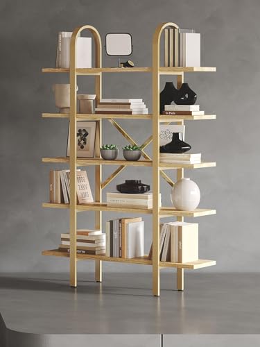 Wide Bookshelf Arched Bookcase, Industrial 5 Tier Open Book Shelves with Metal Frame, 72" Tall Freestanding Heavy Duty Display Rack for Home Office, Living Room,Nature Wood & Gold,Easy Assembly - color: Nature Wood & Gold, size: 5 Tier Arched Wide