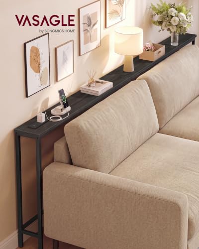VASAGLE 78.8" Console Table, Narrow Behind Couch Table with Outlet | Sofa Table with 2 Hooks, for Entryway, Living Room, Easy Assembly, Charcoal Gray and Ink Black, BARNET Collection ULNT077B201 - color: Charcoal Gray + Ink Black, size: 1 Tier (5.9"D x 78