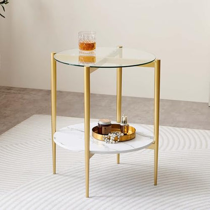 LumFurn Round Glass End Table, Mid-Century Modern Design Sofa Table for Living Room, D18 x H23 in, 2-Tier Structure, Clear Glass Top and White Marble Shelf, Sleek Conical Legs with Gold Finish Frame - color: Clear & White Marble, size: D18" Round End Tabl