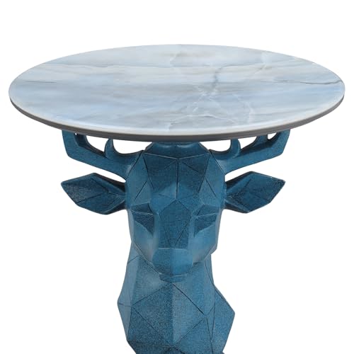 Modern Deer Head Sculpture Side Table, Round Metal End Table with Geometric Animal Base, Industrial Accent Table for Living Room, Bedroom, Office, Dark Bronze Finish - color: Deer - Blue Geometric