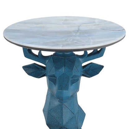 Modern Deer Head Sculpture Side Table, Round Metal End Table with Geometric Animal Base, Industrial Accent Table for Living Room, Bedroom, Office, Dark Bronze Finish - color: Deer - Blue Geometric