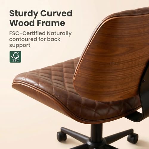 Furnimart Armless Small Desk Chair with Wheels, 360° Swivel Faux Leather Vanity Chair for Bedroom, Compact Home Office Task Chair for Small Spaces, Heavy-Duty Wood Frame(PU Brown) - color: Faux Leather-brown
