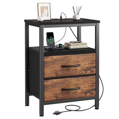 DUMOS Nightstand with Charging Station Built in USB Ports and AC Outlets Bedside Table with Adjustable Fabric Drawer and Open Shelf Modern End Table for Bedroom,Black and Brown - color: Black and Brown, size: 15.7"D x 11.8"W x 23.6"H (2 Drawers)