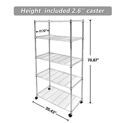 HealSmart Heavy Duty 5-Shelf Storage Shelves, 1750Lb Loading Capacity, 35.43" W x 17.72" D x 70.87" H Adjustable Shelving Unit with Wheels, Chrome - color: Chrome, size: 35" W x 18" D x 75" H 5-Tier