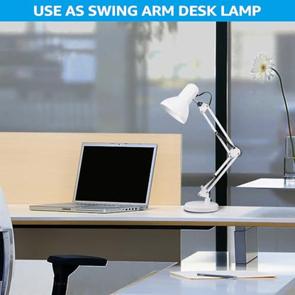 TORCHSTAR Metal Desk Lamp, Adjustable Swing Arm, E26, White | Architect Gooseneck Multi-Joint Clip Table Lamp with Plastic Clamp, for Home Office, Work, Study, Reading, Bulbs not Included - color: White