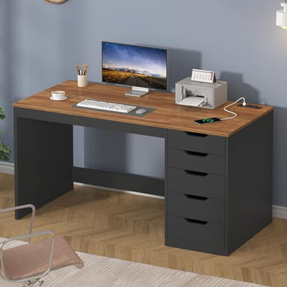 YOMILUVE 47 Inch Computer Desk with 5 Drawers and Power Outlets, Home Office Desks with Storage File Cabinet, Modern Simple Laptop Desk Writing Table for Small Spaces, Brown and Black - color: Brown and Black