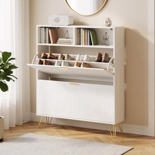 JOZZBY Shoe Cabinet Storage with 2 Striped Flip Drawers, Freestanding Slim Shoe Organizer Cabinet with Top Shelves, Narrow Shoe Rack for Entryway, Hallway, Living Room, White - size: Striped