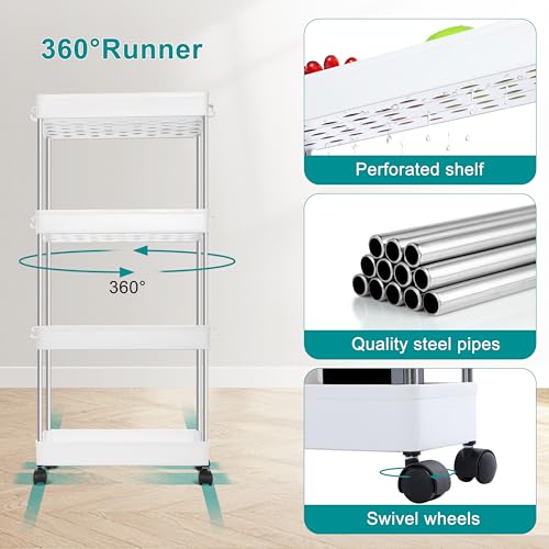 YSSOA Rolling Storage Cart, 4 Tier Slim Mobile Shelving Unit for Storage,360° Rotating Wheel Lockable Utility Cart,Great for Office, Kitchen, Bathroom, Laundry or Narrow Spaces, White - size: 4-Tier 16"Dx5"Wx33"H