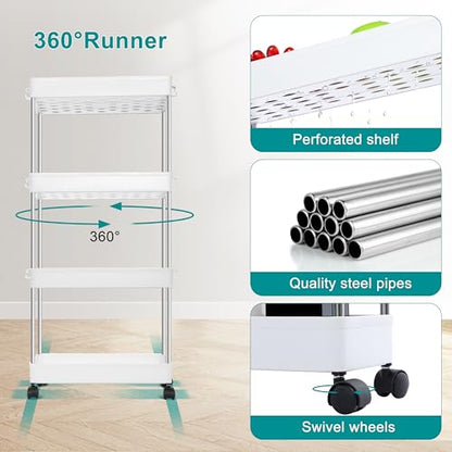YSSOA Rolling Storage Cart, 4 Tier Slim Mobile Shelving Unit for Storage,360° Rotating Wheel Lockable Utility Cart,Great for Office, Kitchen, Bathroom, Laundry or Narrow Spaces, White - size: 4-Tier 16"Dx5"Wx33"H