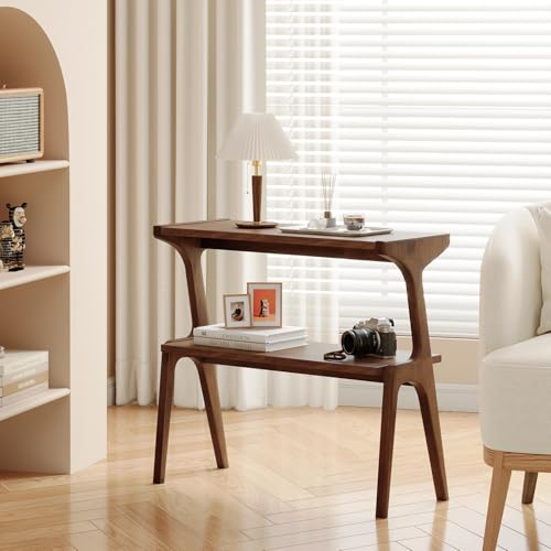 Solid Wood End Table, 2-Tier Side Table with Storage Shelf, Wooden Modern Accent Slim Bedside Table for Sofa, Living Room, Bedroom, Small Space, Easy Assembly, Rustic Brown - color: Rustic Brown