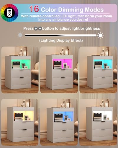 Yusong Night Stand, Bedside Table, LED Nightstand with Charging Station, Modern Night Stand, Wood Sofa Couch End Side Table with 2 Pull-Out Shelf (White 001) - color: White 001