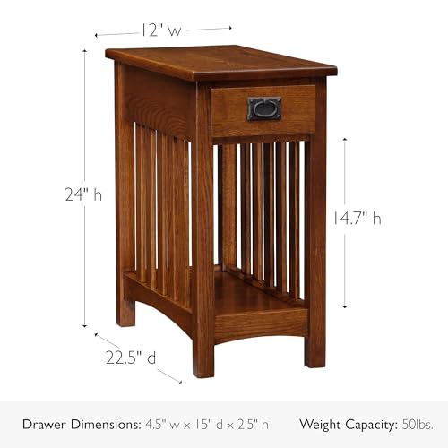 Leick Home Mission End Table, Solid Wood, 1 Storage Drawer, Bottom Display Shelf, Narrow, Slatted Sides, Easy-Assembly, Medium Oak, 22.5 in L x 12 in W x 24 in H, 8202 - color: Medium Oak / Blackened