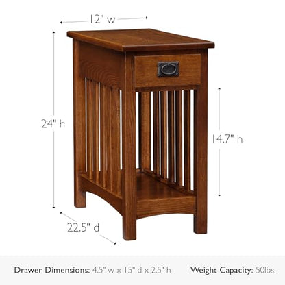 Leick Home Mission End Table, Solid Wood, 1 Storage Drawer, Bottom Display Shelf, Narrow, Slatted Sides, Easy-Assembly, Medium Oak, 22.5 in L x 12 in W x 24 in H, 8202 - color: Medium Oak / Blackened