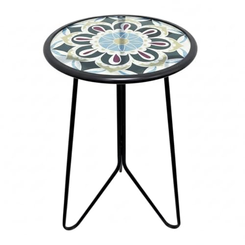 LIFFY Outdoor Side Table,12" Indoor Small Round Glass Tabletop Accent Table with Metal Frame, Home Decorative Plant Stand & End Table Outside for Patio, Garden, Yard, Kitchen, Porch - color: Blue&green-12 Inches