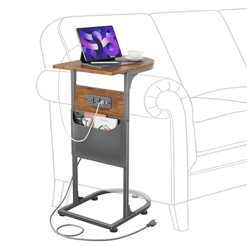 C Shaped End Table, Couch Side Table with Charging Station for Small Spaces | Wobble-Free C Table, Rustic Brown, Storage Bag, 2 AC Outlets & 2 USB Ports, Study Metal Frame, For Living Room, Easy Assembly - color: Charging Station Rustic Brown