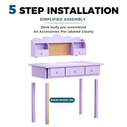 FUNKOCO Home Office Furniture Writing Desk, 36 Inch Computer Work Station with Detachable Hutch for Small Place, 5 Drawers(Purple) - color: 6-purple