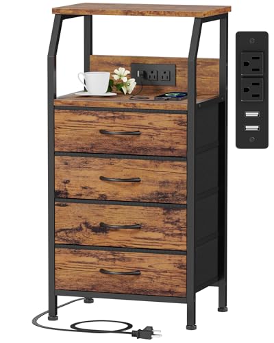 Furnulem Night Stand with Charging Station, 4 Drawers Tall Bedside Table | Small Rustic Brown Dresser, 33.3 Inch Tall Dorm Nightstand, Fabric Drawers, Storage Tower for Closet, Bedroom, 3 Ways to Use - color: Rustic Brown, size: 4 Drawer