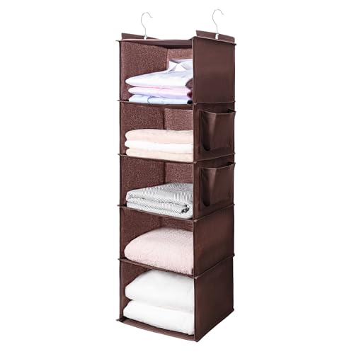 BOOMIBOO Hanging Closet Organize and Shelves，5-Hanging Shelf with 2 Side Pockets，Storage Foldable （Browm） - color: Brown, size: 1