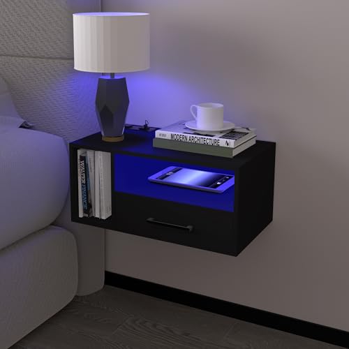 Homaterial Floating Nightstand with Charging Station and LED Lights, Floating Bedside Table with Drawers Wall Mounted Nightstands,for Bedroom Room, 21.3" x 11.8" x 10",Black - color: Black