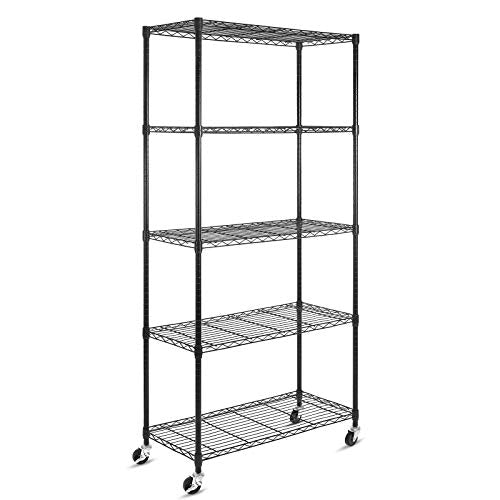 WDT 5-Shelf Shelving Units on Wheels Casters, Adjustable Heavy Duty Metal Shelf Wire Storage Rack for Home Office Garage Kitchen Bathroom Organization(16”Wx36”Dx75”H), Black - size: 5Tier 36"W x 16"D x 75"H