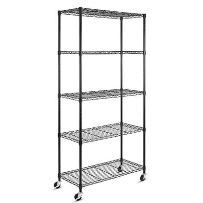 WDT 5-Shelf Shelving Units on Wheels Casters, Adjustable Heavy Duty Metal Shelf Wire Storage Rack for Home Office Garage Kitchen Bathroom Organization(16”Wx36”Dx75”H), Black - size: 5Tier 36"W x 16"D x 75"H