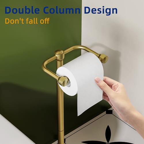 RUACQ Bathroom Toilet Paper Holder Stand, Brushed Gold | Dual-Post Pivoting Free Standing Toilet Roll Holder with Weighted Base, Anti-drop Design 304 Stainless Steel Tissue Stand - color: Brushed Gold, size: Free Standing