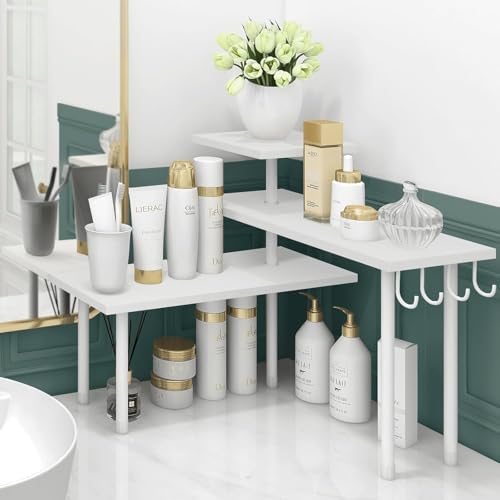 Kitchen Countertop Organizer Corner Shelf, Bathroom Counter Organizers and Storage, 3 Tier Wood Shelf Organizer Space Saver for Make Up, Dresser Table, Desktop, White - color: White, With Hooks