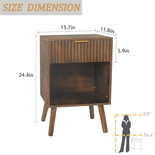 Fultyle Mid Century Modern Nightstand, Wood Bedside Table with Drawer and Open Storage, End Table Living Room Fluted Night Stand with Solid Wood Legs for Bedroom (Rustic Brown) - color: Rustic Brown