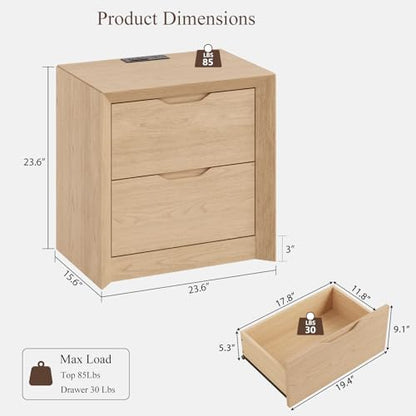 YANSNWO Natural Oak Nightstand with Charging Station, 23.6" Modern Bedside Table with Thickened Frame & Unique Panel, Mid Century Wood End Table for Bedroom, Living Room - color: Natural Oak, size: 15.6"D x 23.6"W x 23.6"H (2 Drawers)